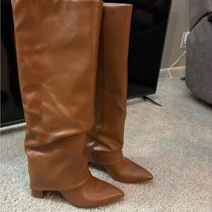 Marc Fisher Tall Pointed-Toe Knee Shark Boots in Cognac
